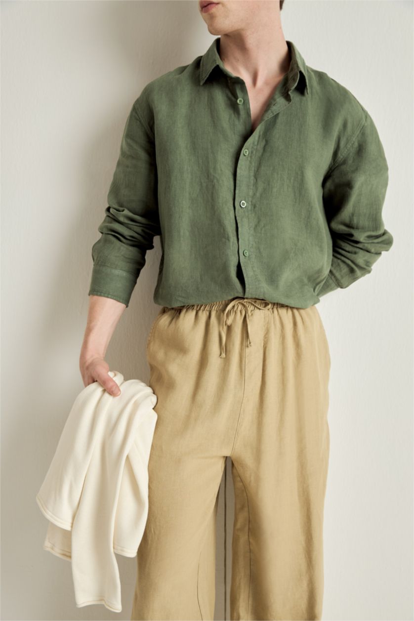 Erkek Yeşil Relax Fıt Polo Yaka Dokuma Uzun Kollu Gömlek