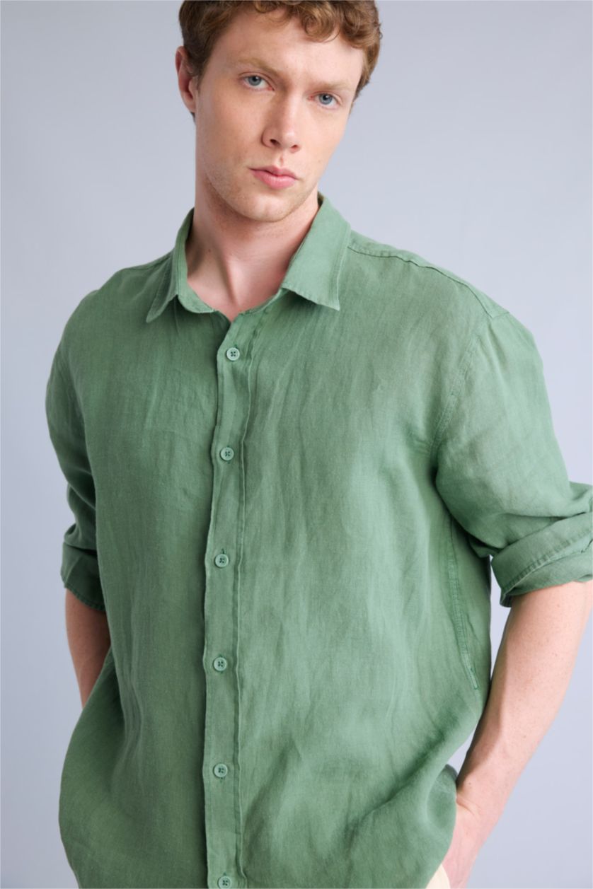 Men Green Relax Fit Polo Collar Woven Long Sleeve Shirt