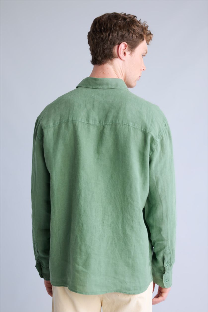 Men Green Relax Fit Polo Collar Woven Long Sleeve Shirt