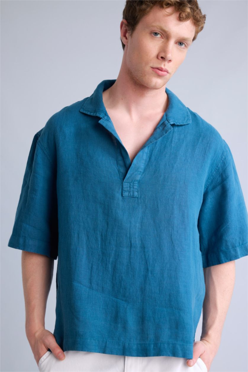 Men Indigo Relax Fit linen Short Sleeve Shirt