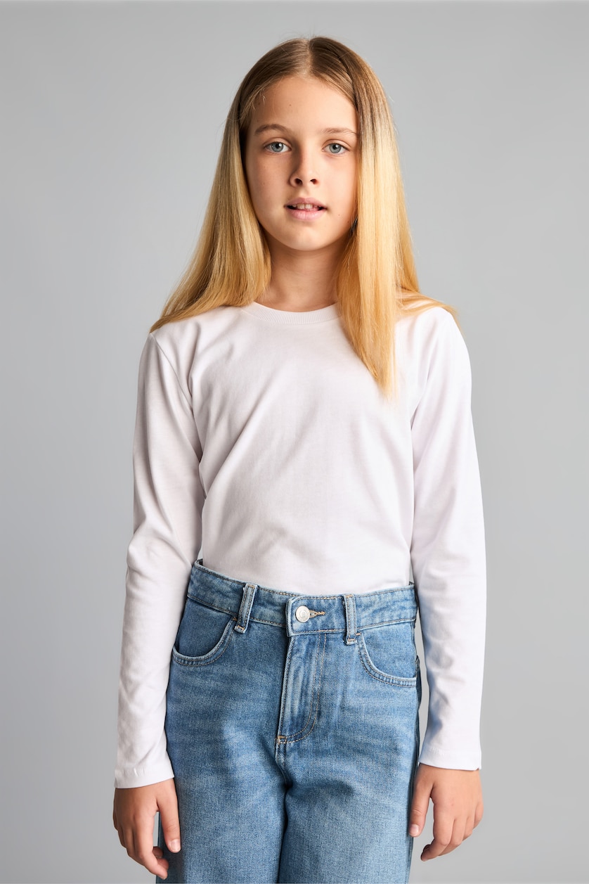 FILLES Blanc T-shirt basique à col rond et manches longues Coupe régulière pour fille