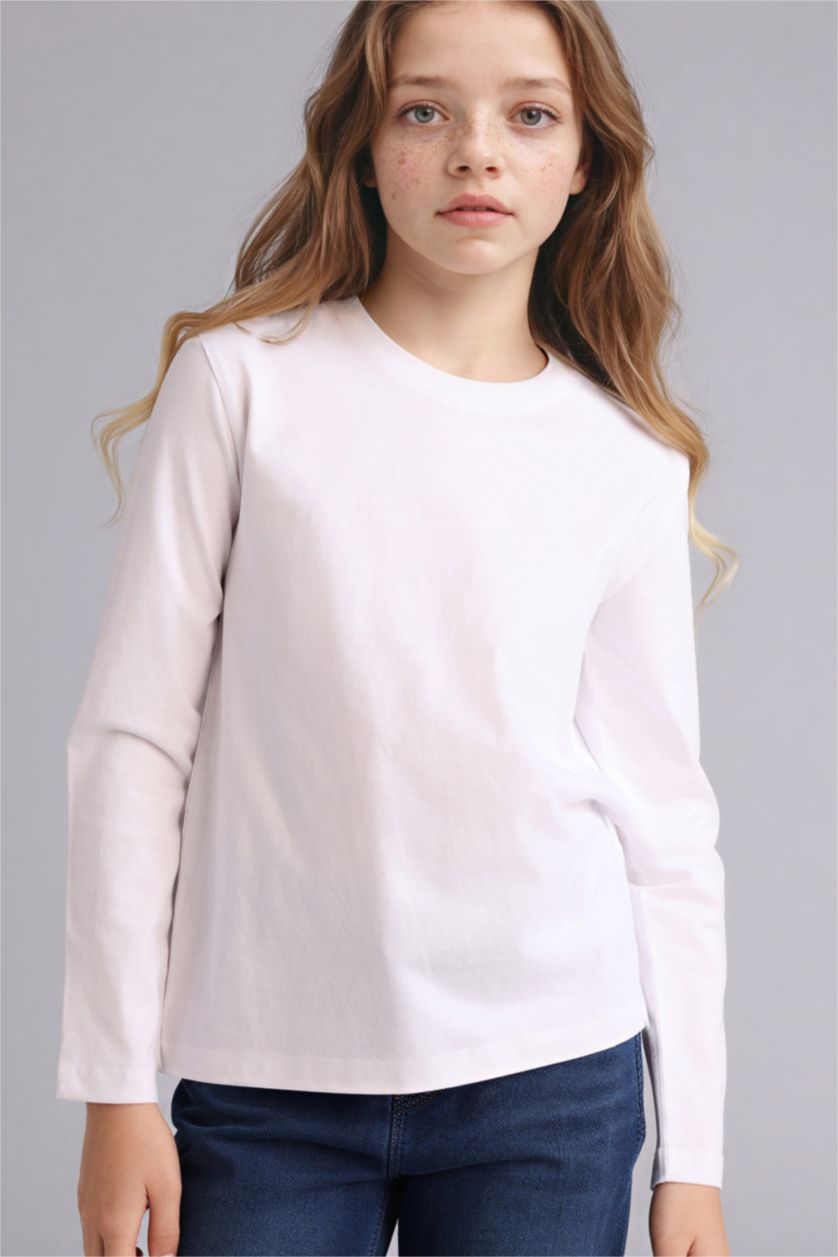 Girls & Teens White Girl Regular Fit Crew Neck Long Sleeve T-Shirt