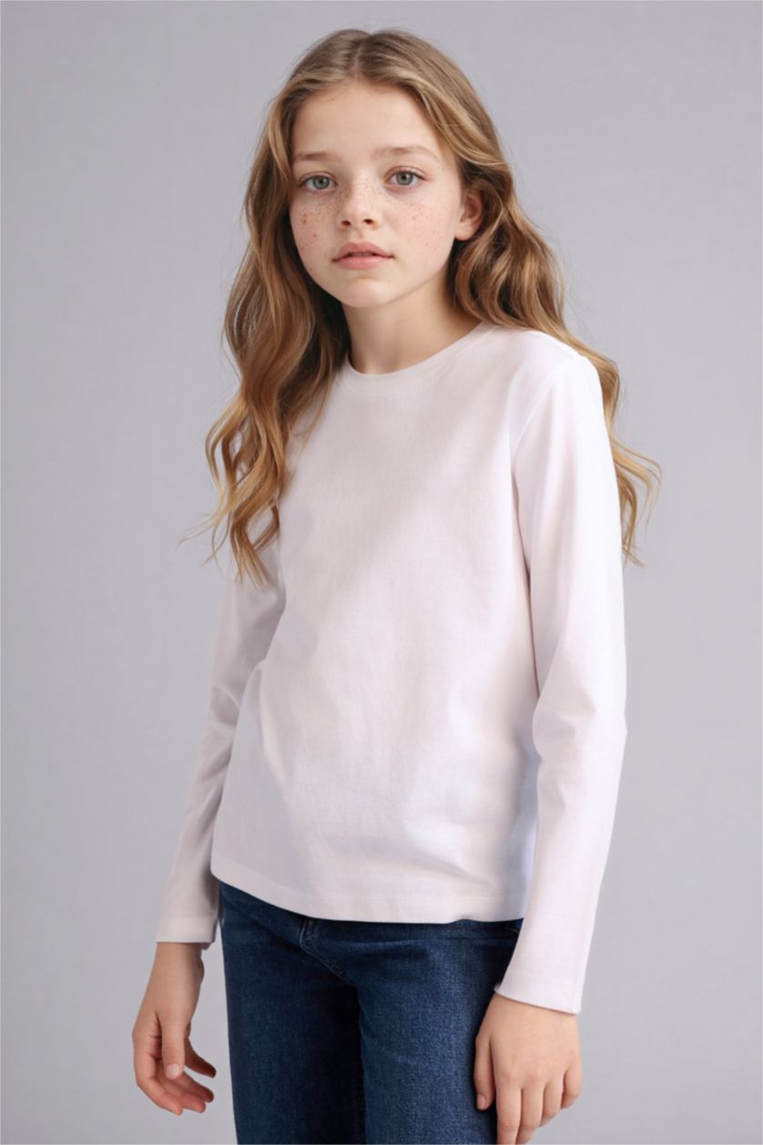 Girls & Teens White Girl Regular Fit Crew Neck Long Sleeve T-Shirt