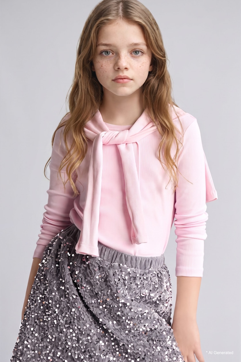 GIRLS & TEENS Light Pink Girl Slim Fit Neck Long Sleeve T-Shirt