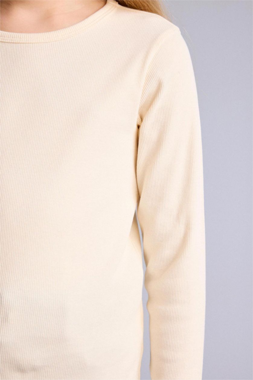 FILLES Écru T-shirt slim côtelé à manches longues et col rond pour fille