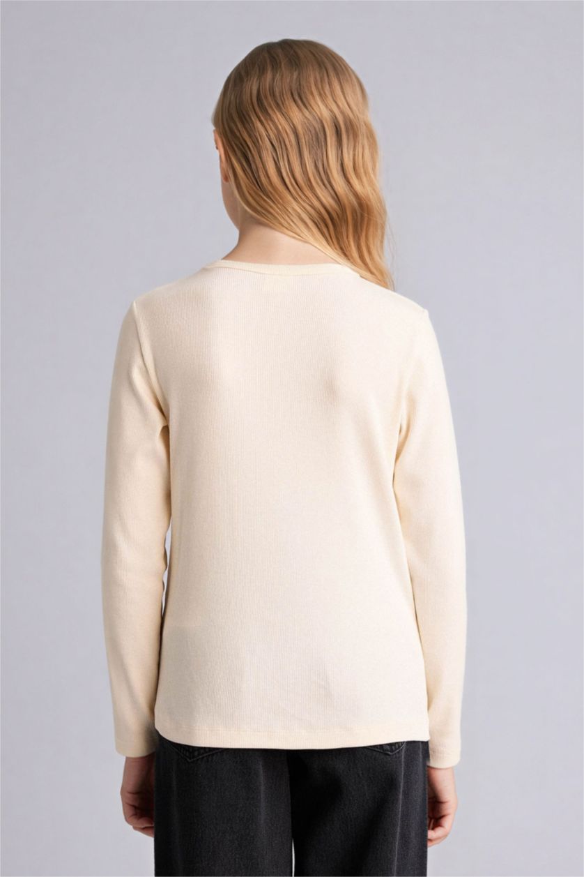 FILLES Écru T-shirt slim côtelé à manches longues et col rond pour fille