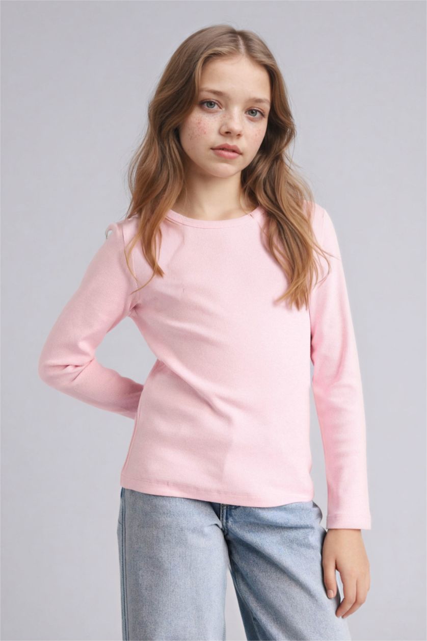 FILLES Rose Clair T-shirt slim côtelé à manches longues et col rond pour fille