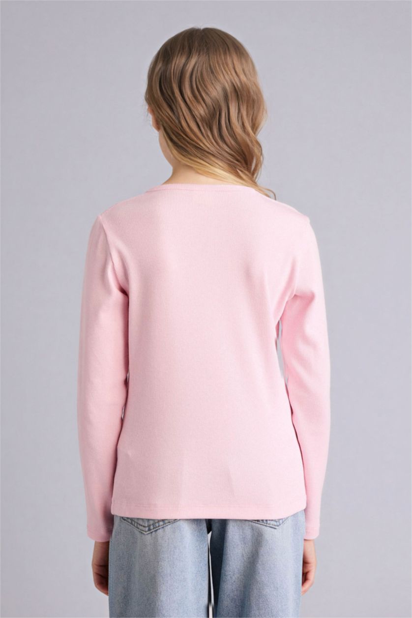 FILLES Rose Clair T-shirt slim côtelé à manches longues et col rond pour fille