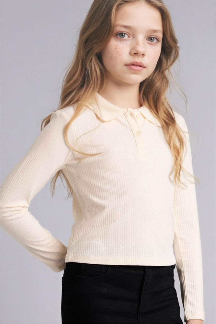 GIRLS & TEENS Ecru Girl Slim Fit Long Sleeve Polo T-Shirt