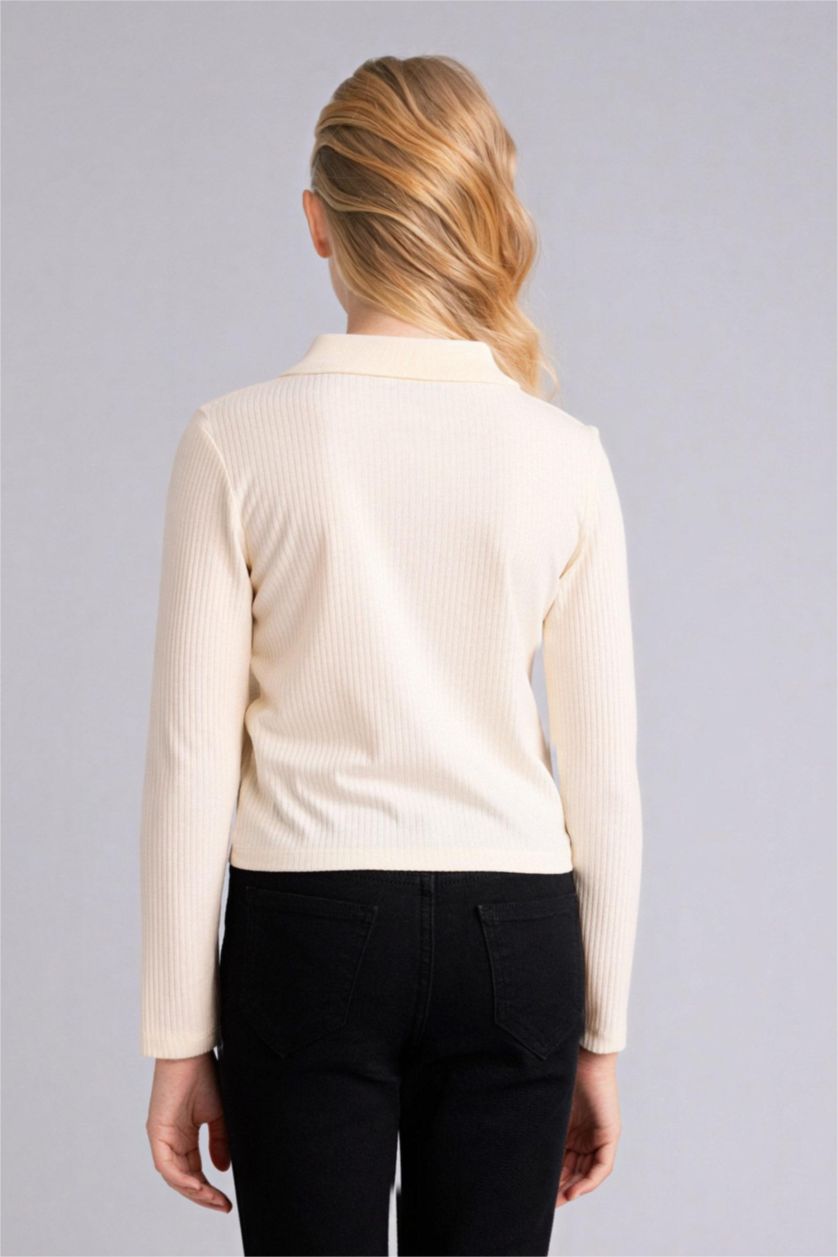 GIRLS & TEENS Ecru Girl Slim Fit Long Sleeve Polo T-Shirt