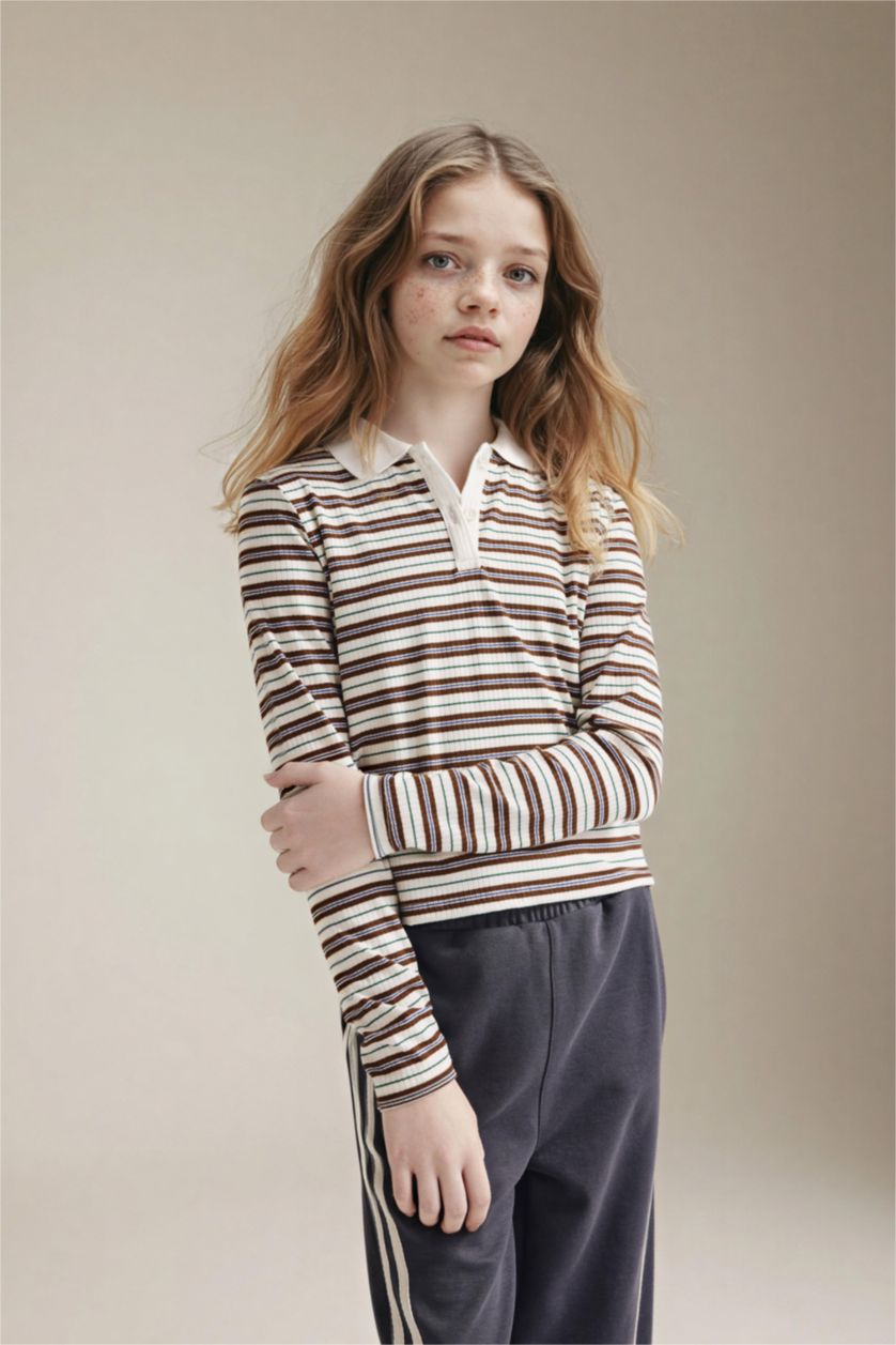 GIRLS & TEENS Brown Girl Slim Fit Long Sleeve Polo T-Shirt