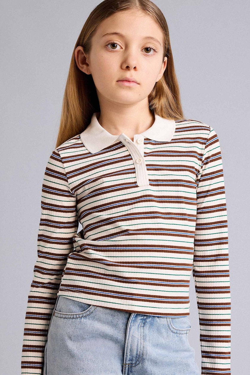 GIRLS & TEENS Brown Girl Slim Fit Long Sleeve Polo T-Shirt