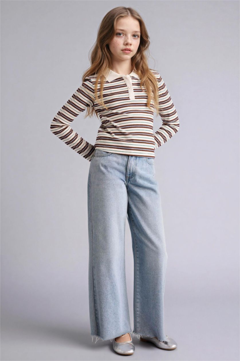 Kız Çocuk - Genç Kız Kahve Slım Fıt Fitilli Çizgili Kaşkorse Polo Tişört Kız Çocuk