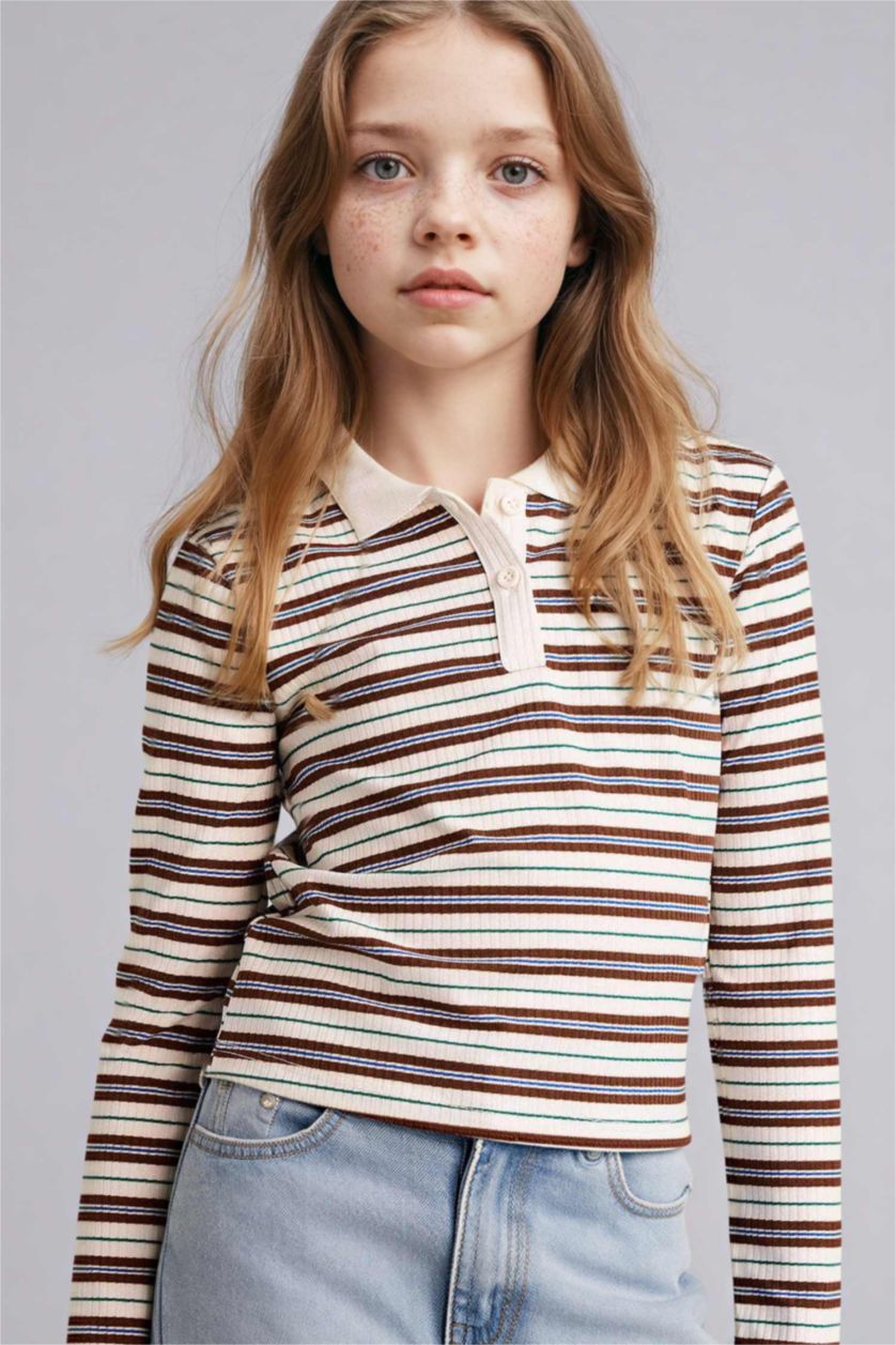 GIRLS & TEENS Brown Girl Slim Fit Long Sleeve Polo T-Shirt