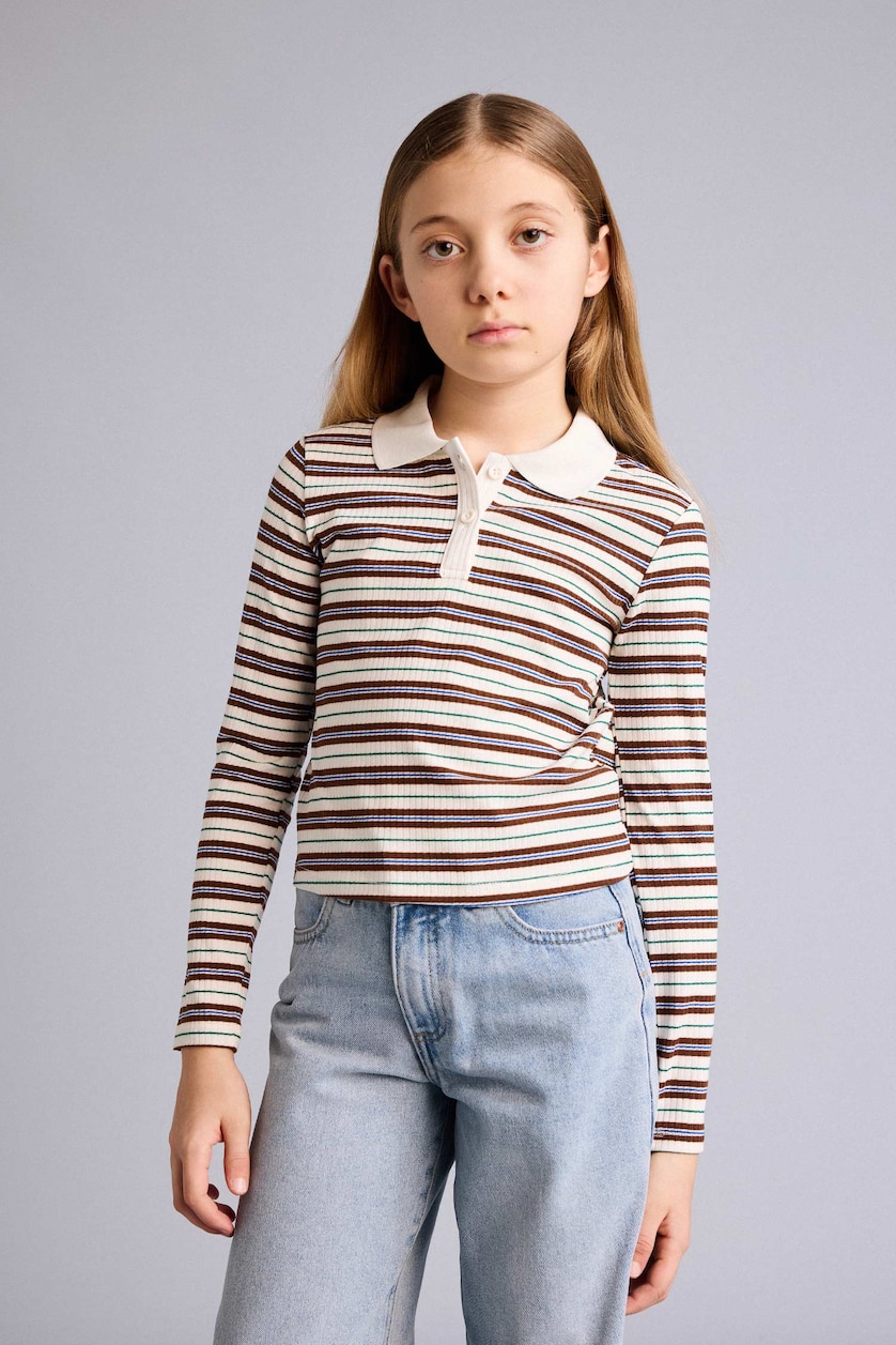 GIRLS & TEENS Brown Girl Slim Fit Long Sleeve Polo T-Shirt