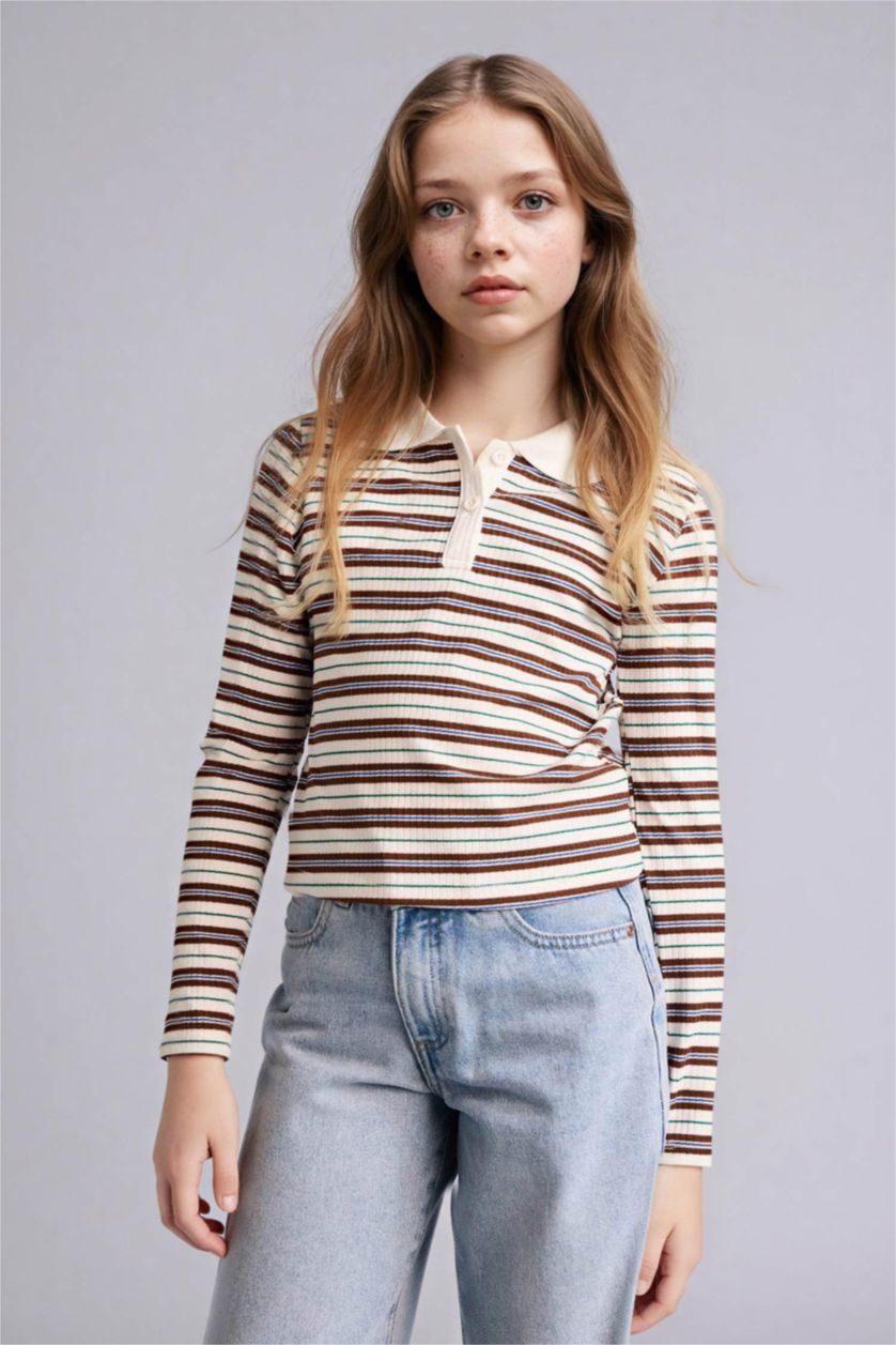 GIRLS & TEENS Brown Girl Slim Fit Long Sleeve Polo T-Shirt