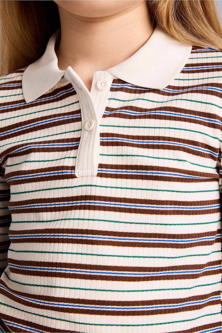GIRLS & TEENS Brown Girl Slim Fit Long Sleeve Polo T-Shirt