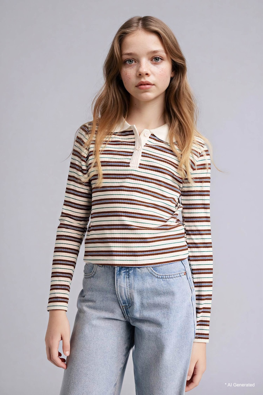 FILLES Marron Polo manches longues côtelé Coupe slim pour fille