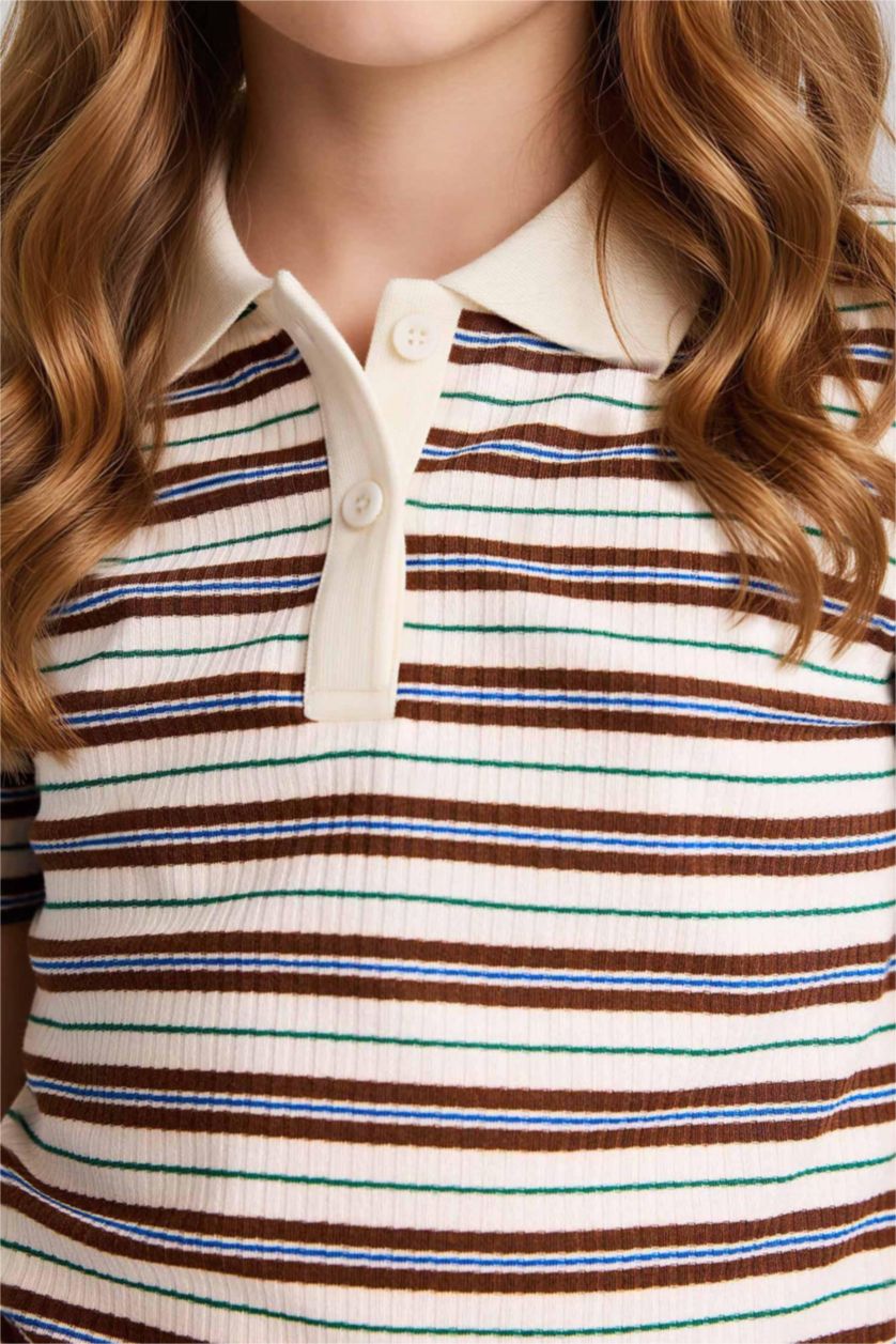 GIRLS & TEENS Brown Girl Slim Fit Long Sleeve Polo T-Shirt