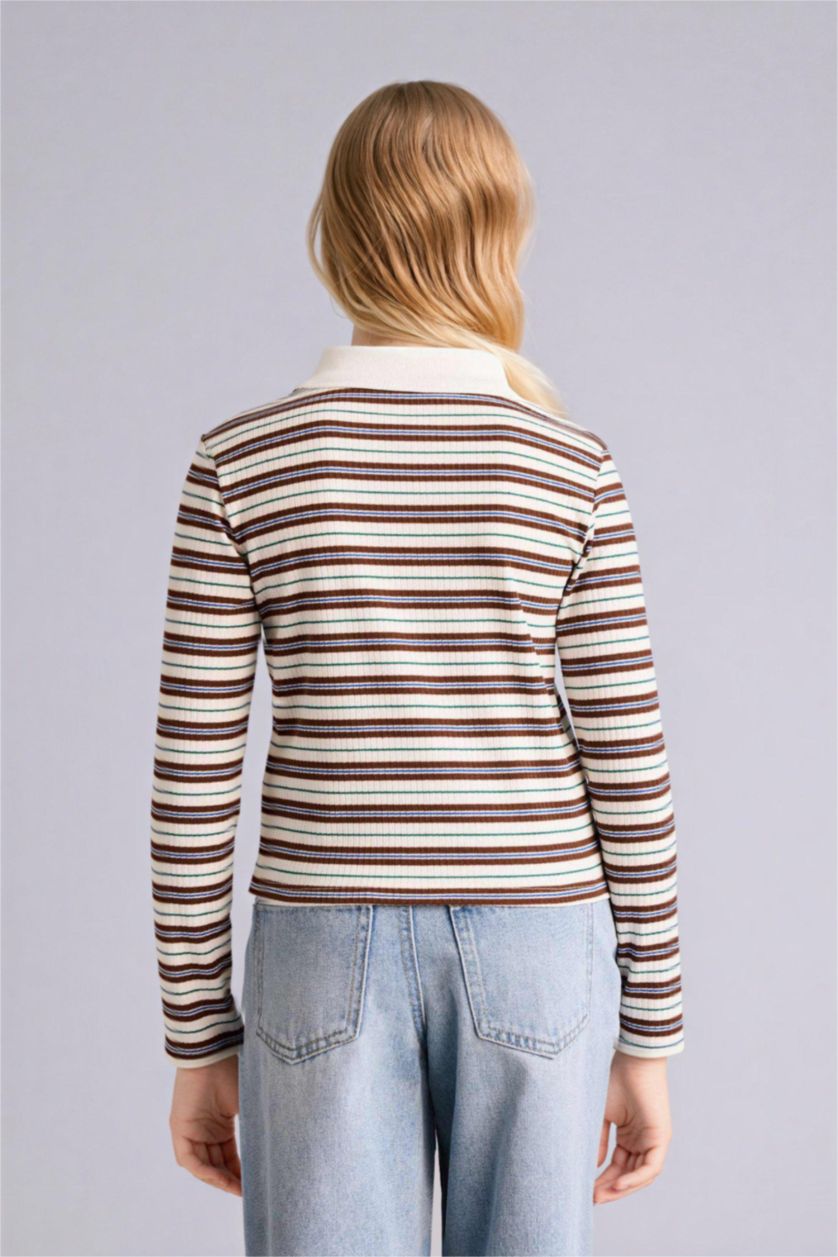 GIRLS & TEENS Brown Girl Slim Fit Long Sleeve Polo T-Shirt