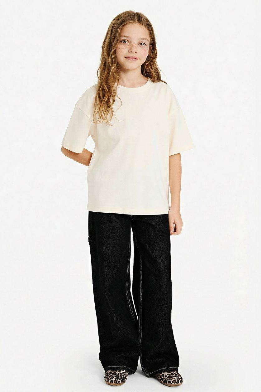 GIRLS & TEENS Ecru Girl Oversize Fit Crew Neck Short Sleeve T-Shirt