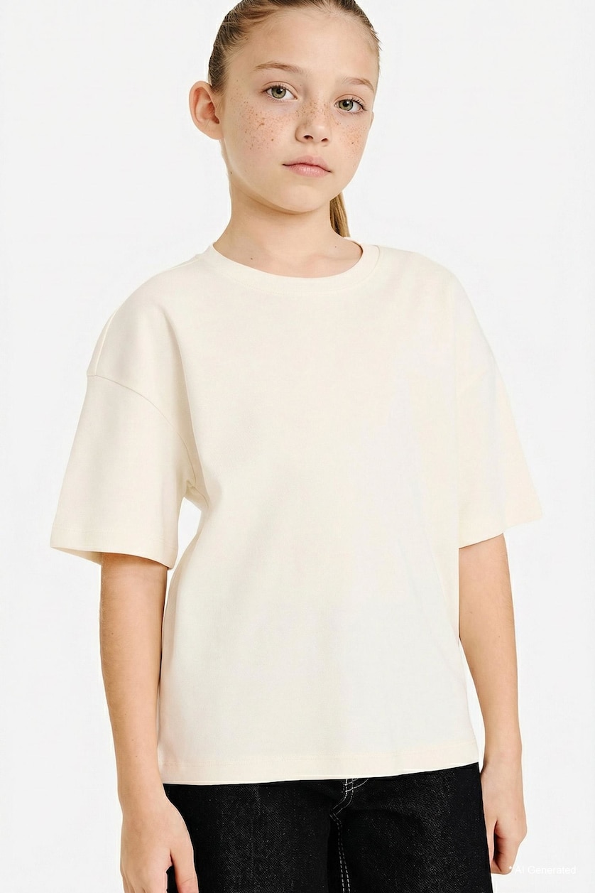 Young Girls - Teen Girls Ecru Girl Oversize Fit Crew Neck Short Sleeve T-Shirt