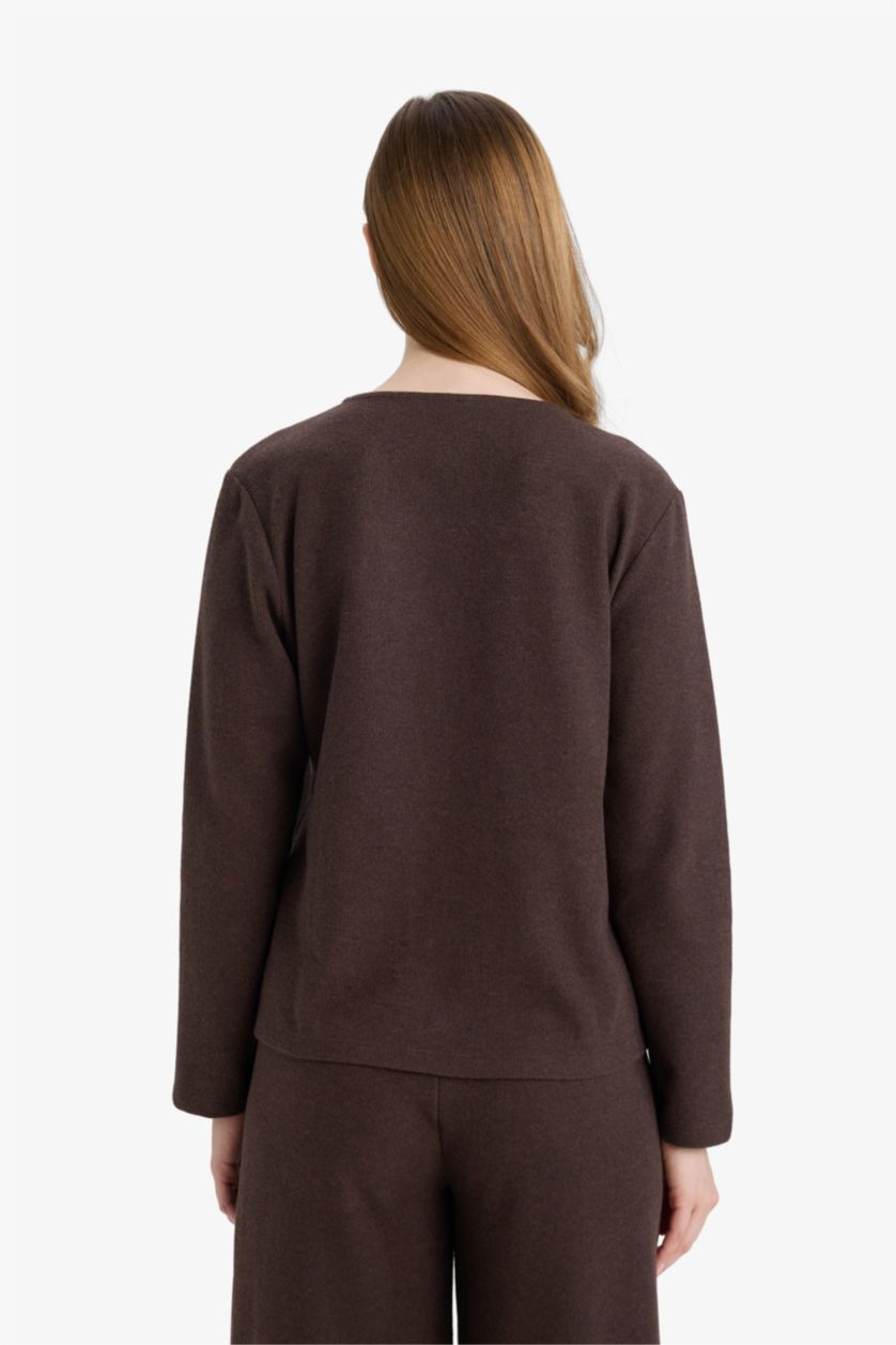 WOMAN Brown Regular Fit V-Neck Pique Cardigan