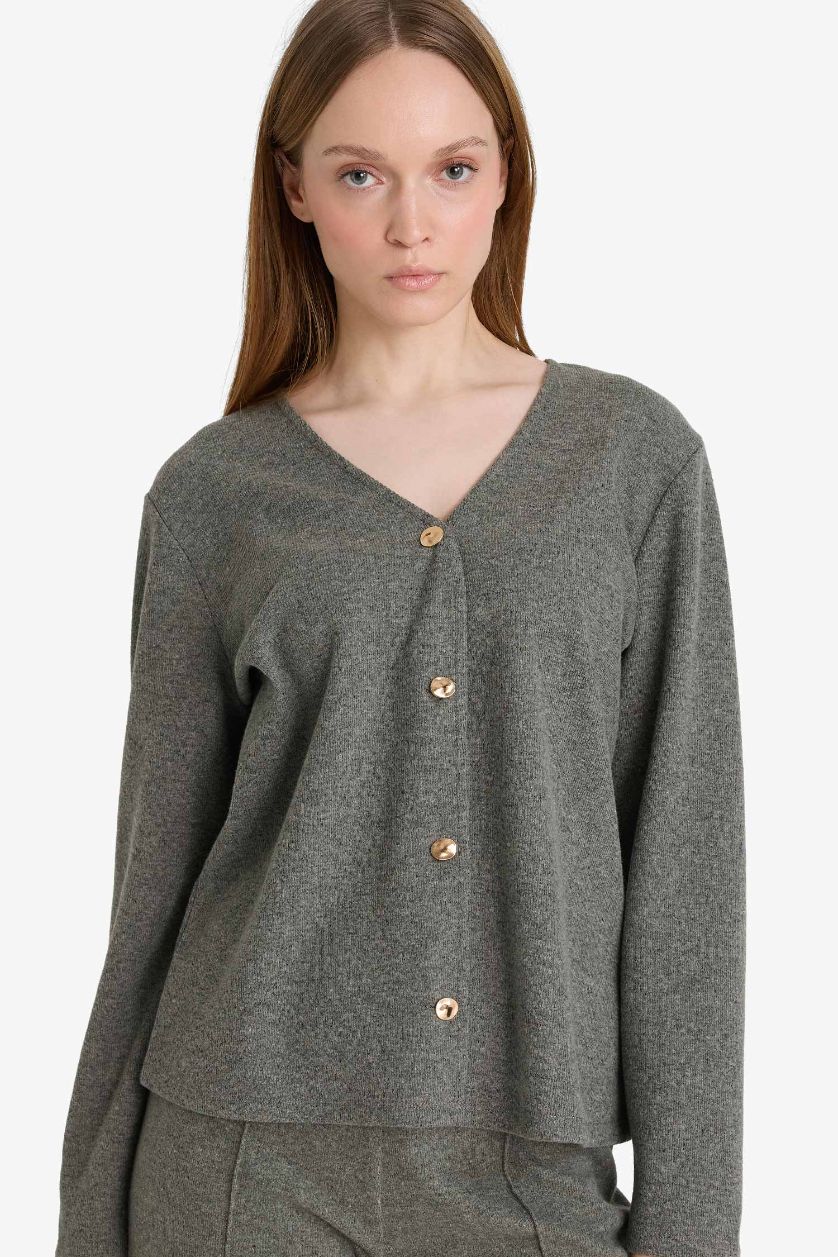 نساء كاكي جاكيت تريكو بيكيه قصة عادية بياخة V