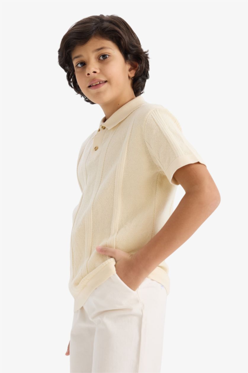 Erkek Çocuk - Genç Erkek Ekru Polo Yaka Dokulu Triko Kazak Erkek Çocuk