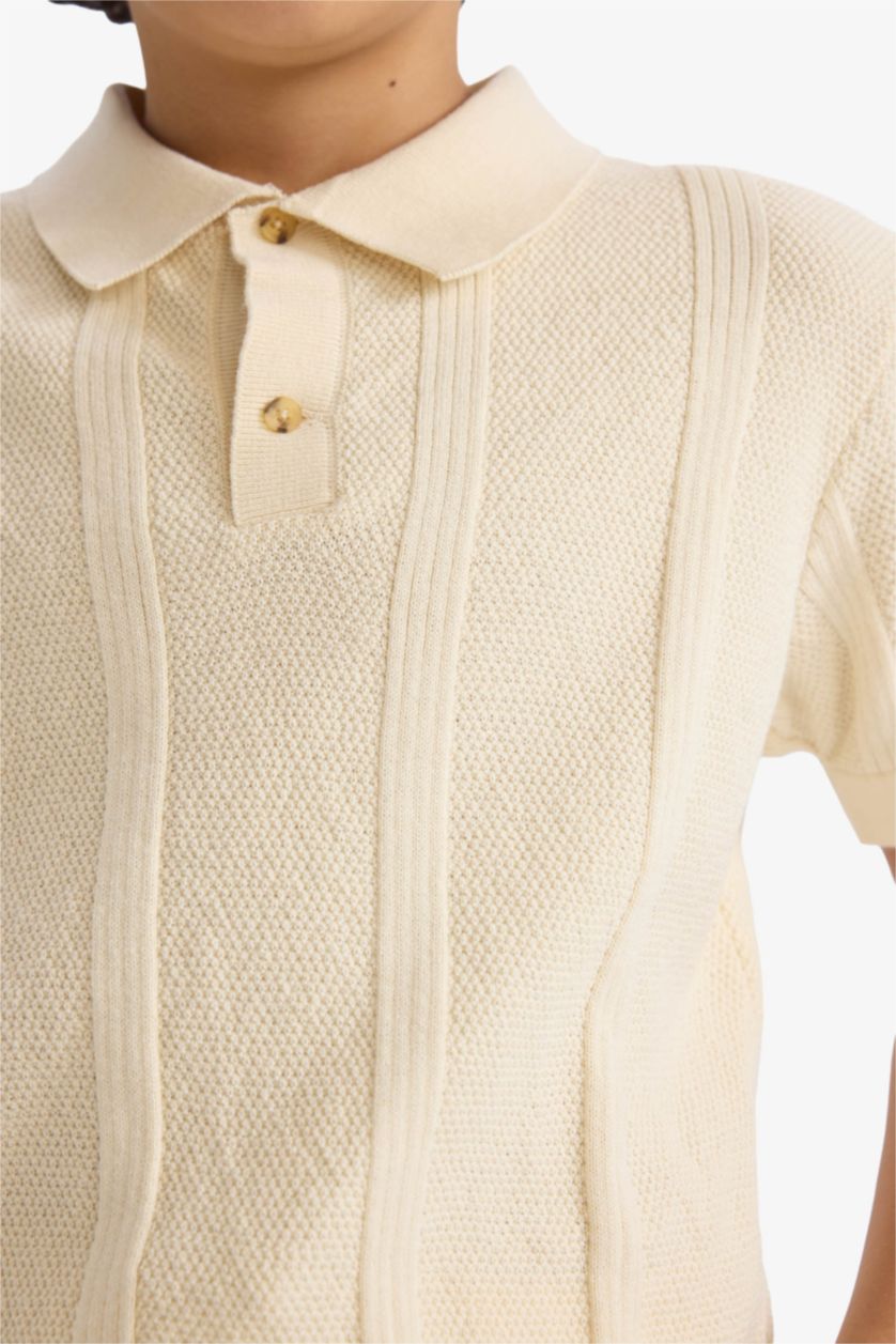 Erkek Çocuk - Genç Erkek Ekru Polo Yaka Dokulu Triko Kazak Erkek Çocuk