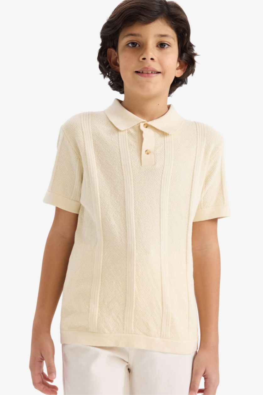 BOYS & TEENS Ecru Boy Polo Neck Textured Knit Pullover