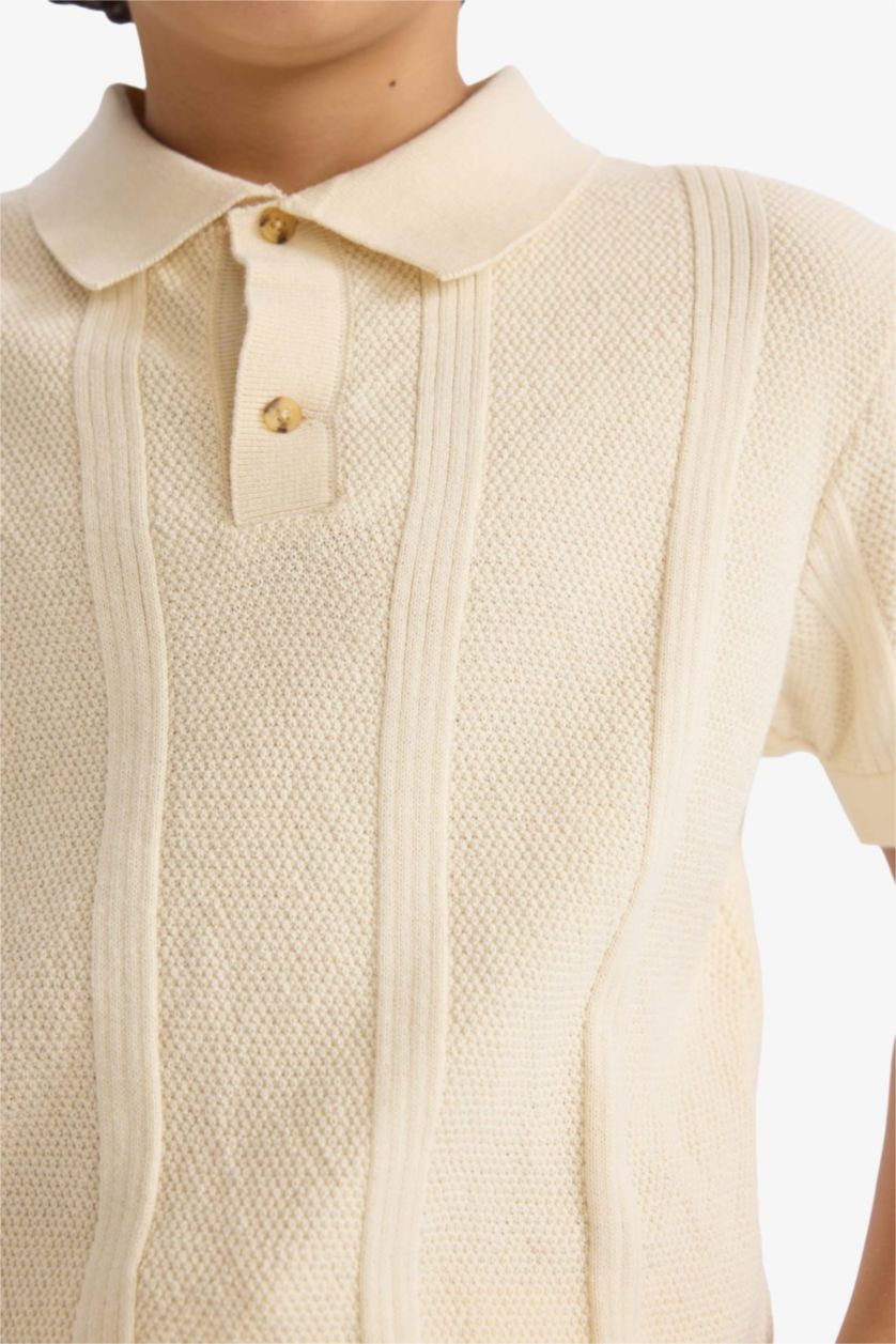 BOYS & TEENS Ecru Boy Polo Neck Textured Knit Pullover