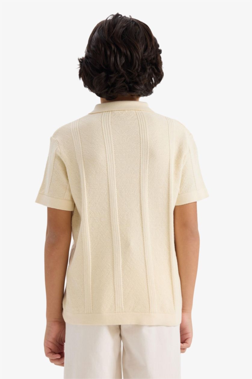 BOYS & TEENS Ecru Boy Polo Neck Textured Knit Pullover