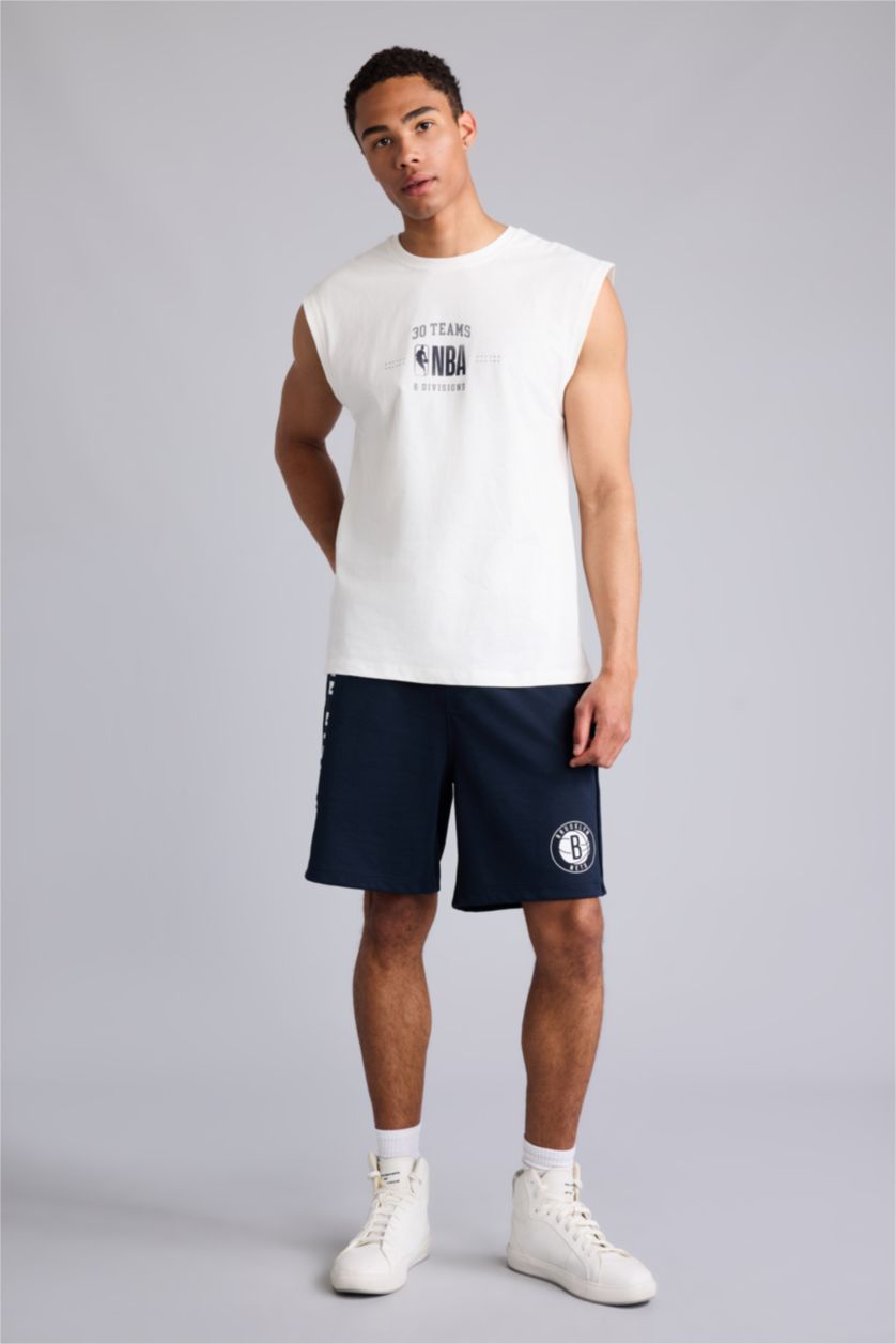 Erkek Ekru Oversize NBA Baskılı Atlet