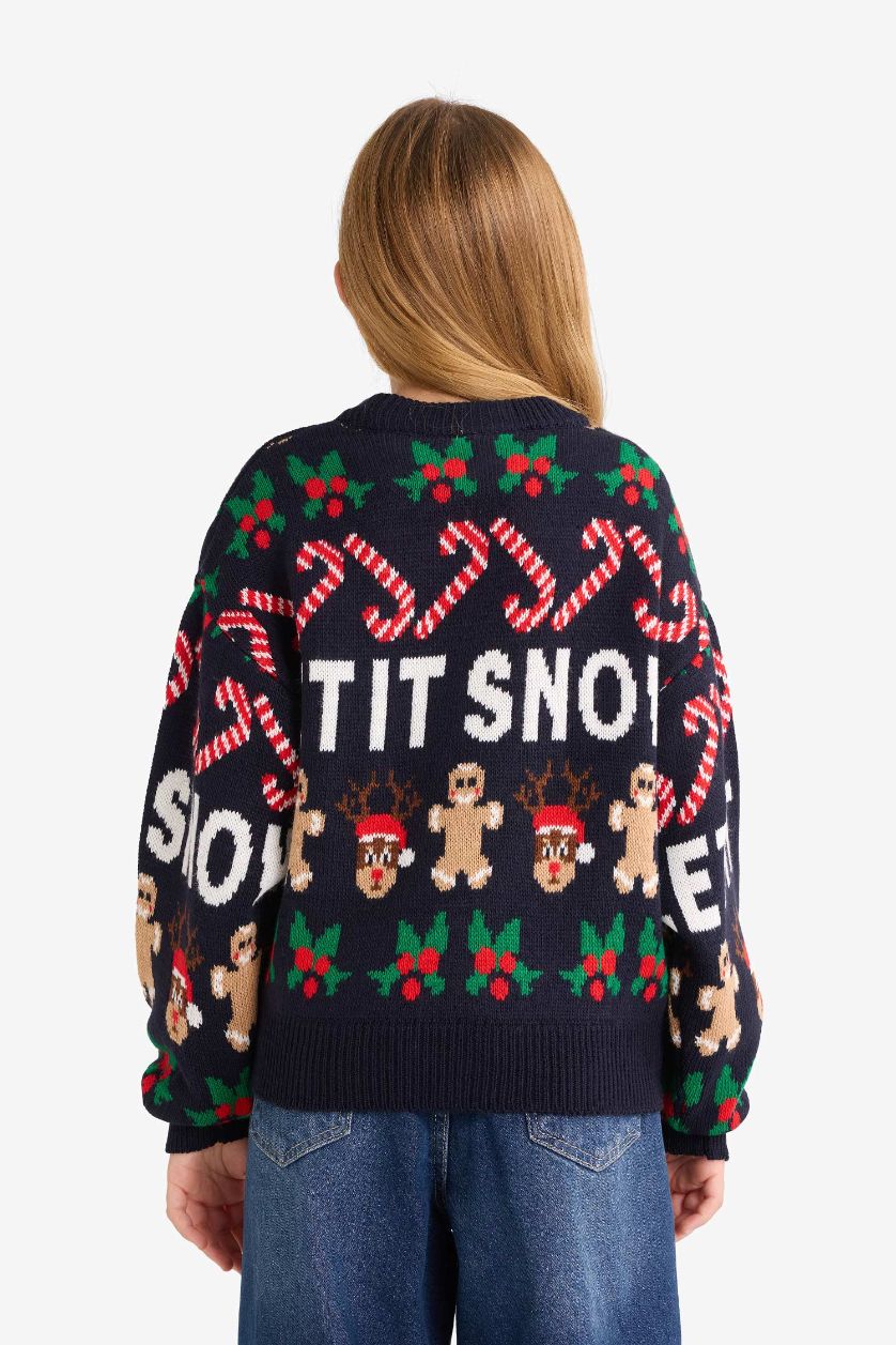 Kız Çocuk - Genç Kız Lacivert Yılbaşı Temalı Bisiklet Yaka Triko Kazak Kız Çocuk