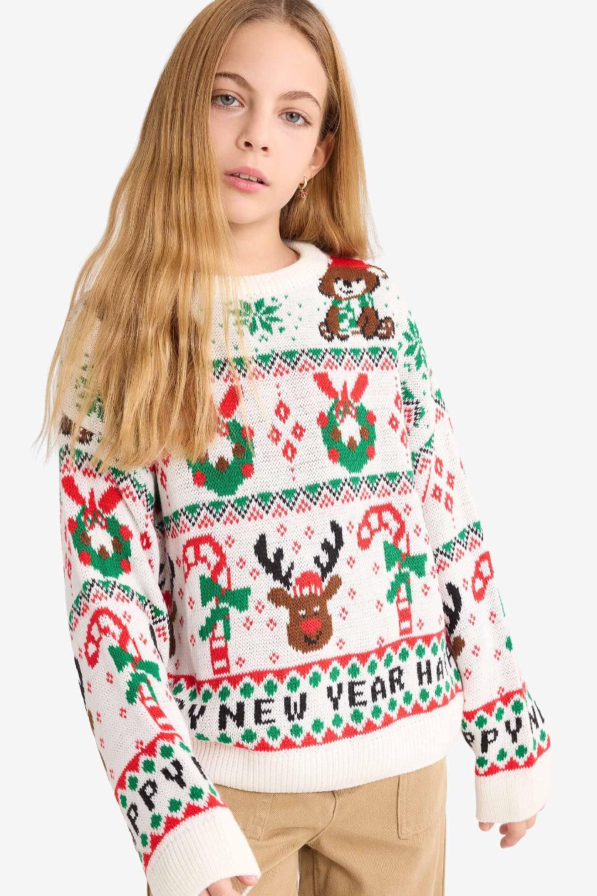 Kız Çocuk - Genç Kız Ekru Yılbaşı Temalı Oversize Geniş Kalıp Bisiklet Yaka Kazak Kız Çocuk