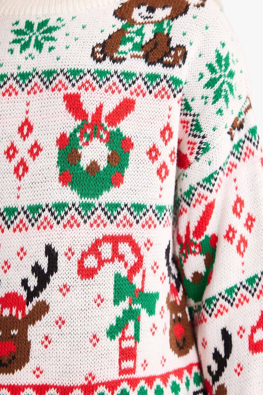 Kız Çocuk - Genç Kız Ekru Yılbaşı Temalı Oversize Geniş Kalıp Bisiklet Yaka Kazak Kız Çocuk