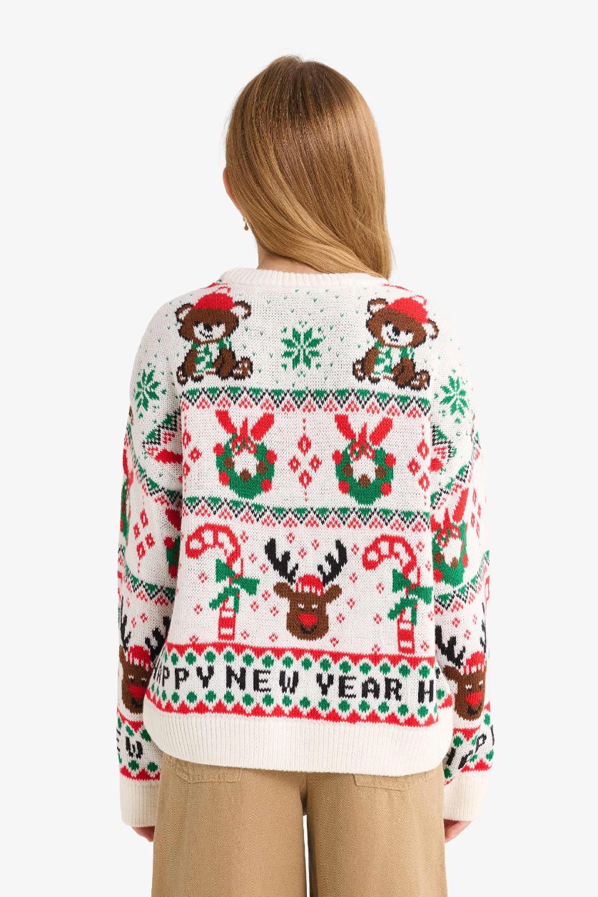 Kız Çocuk - Genç Kız Ekru Yılbaşı Temalı Oversize Geniş Kalıp Bisiklet Yaka Kazak Kız Çocuk