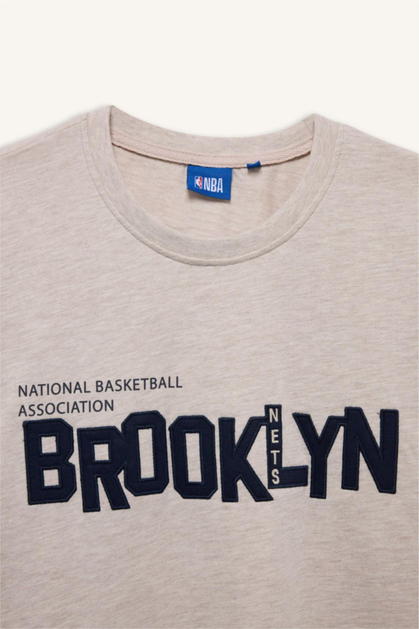 Erkek Bej Melanj NBA Brooklyn Nets Kısa Kollu Tişört