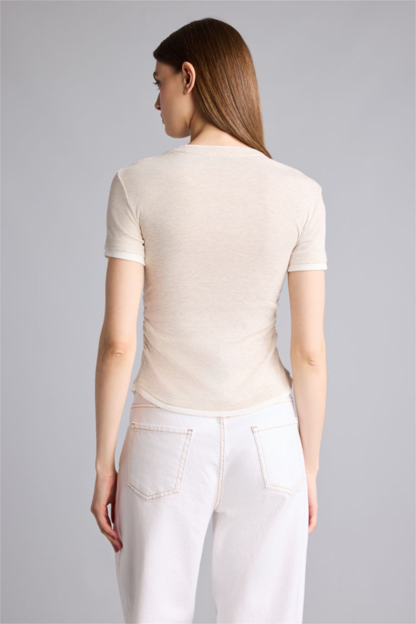 Kadın Bej Slim Fit Kısa kollu Ribana Tişört