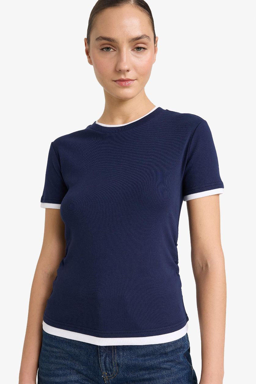 WOMAN NAVY Slim Fit Crew Neck Ribbed Short Sleeve T-Shirt