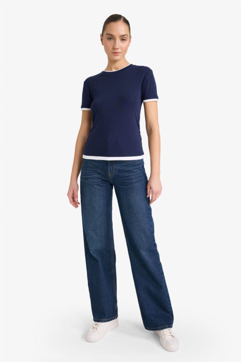 WOMAN NAVY Slim Fit Crew Neck Ribbed Short Sleeve T-Shirt