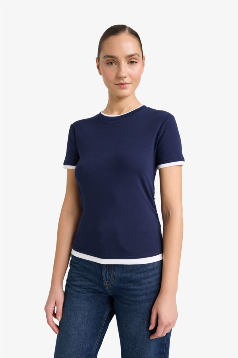 WOMAN NAVY Slim Fit Crew Neck Ribbed Short Sleeve T-Shirt