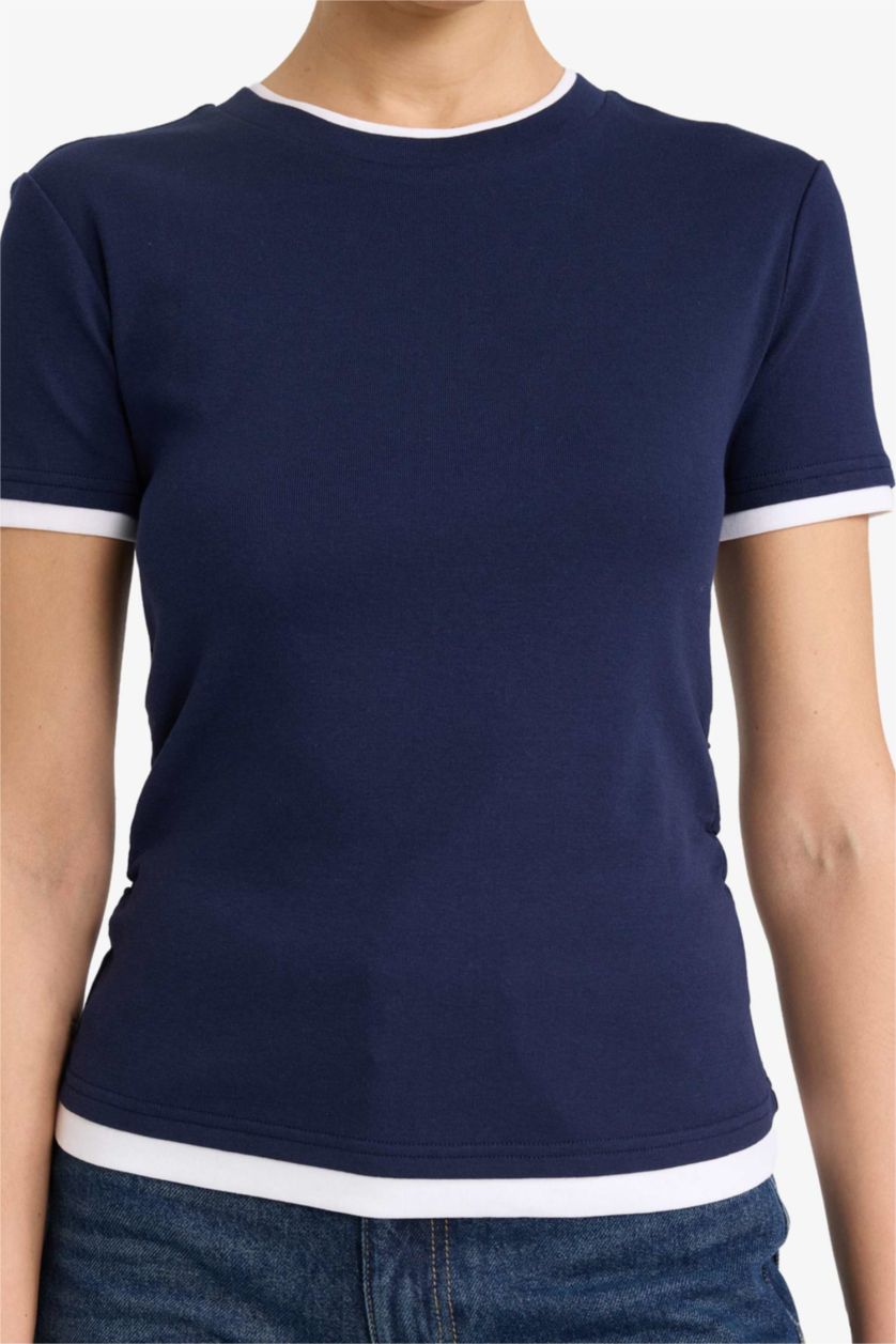 WOMAN NAVY Slim Fit Crew Neck Ribbed Short Sleeve T-Shirt