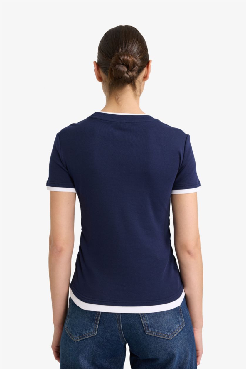 WOMAN NAVY Slim Fit Crew Neck Ribbed Short Sleeve T-Shirt