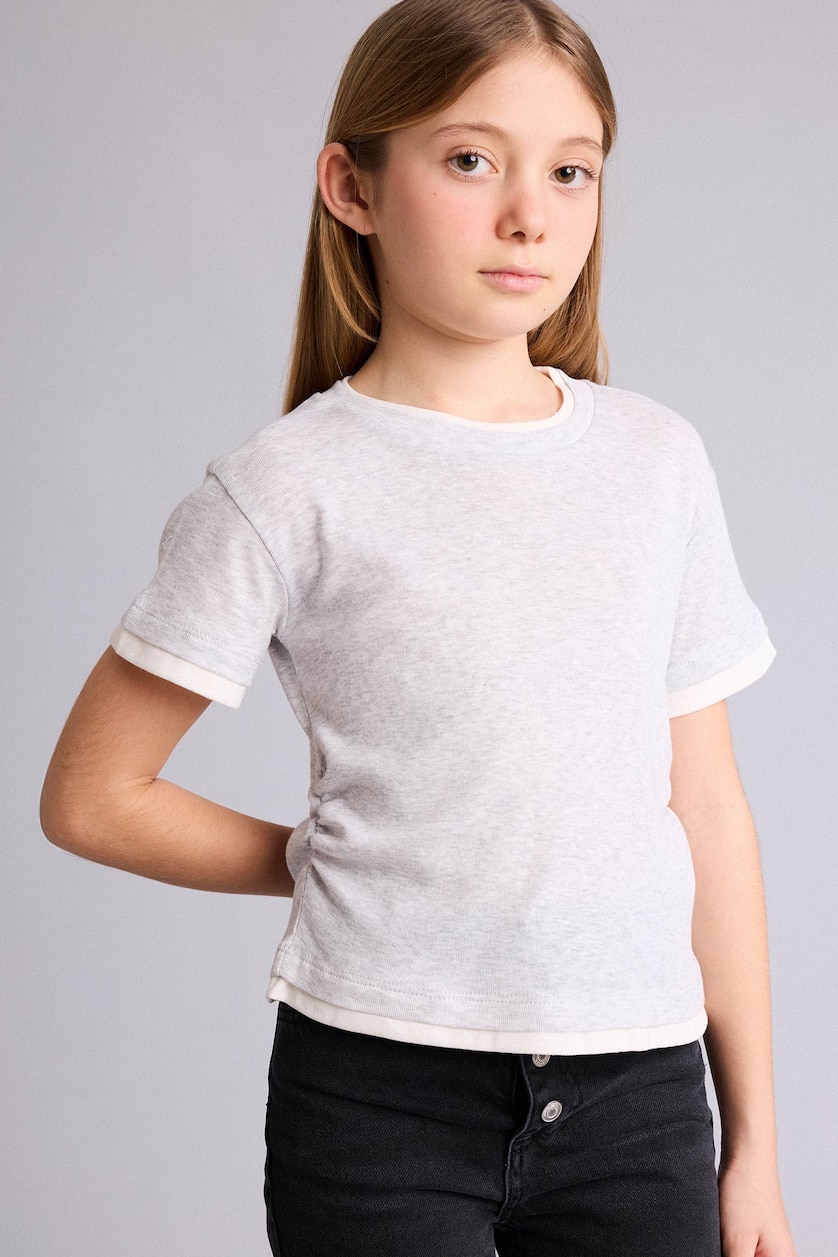 Girls & Teens Light Grey Melange Girl Slim Fit Ribbed T-Shirt