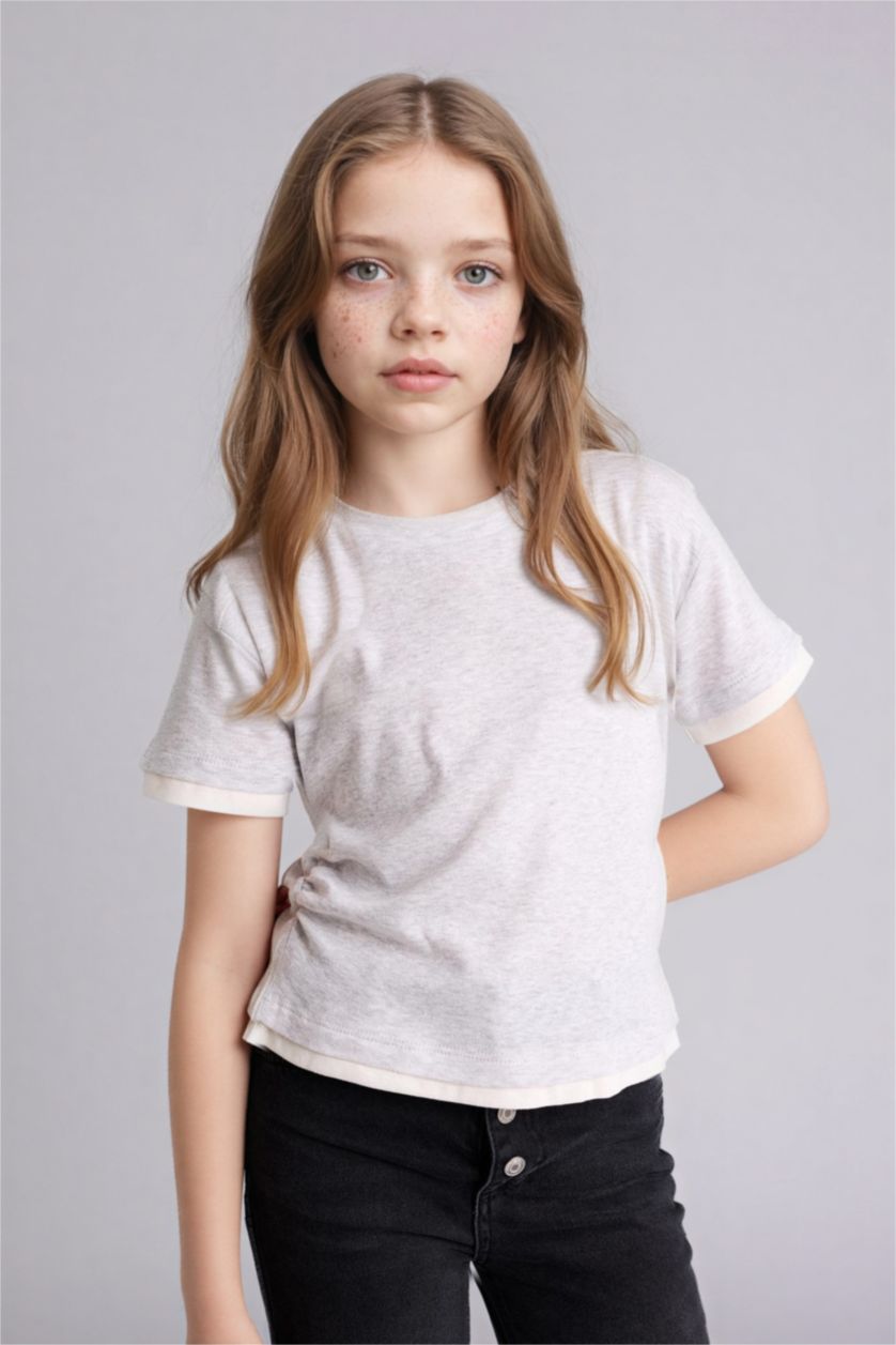 Girls & Teens Light Grey Melange Slim Fit Short Sleeve T-Shirt