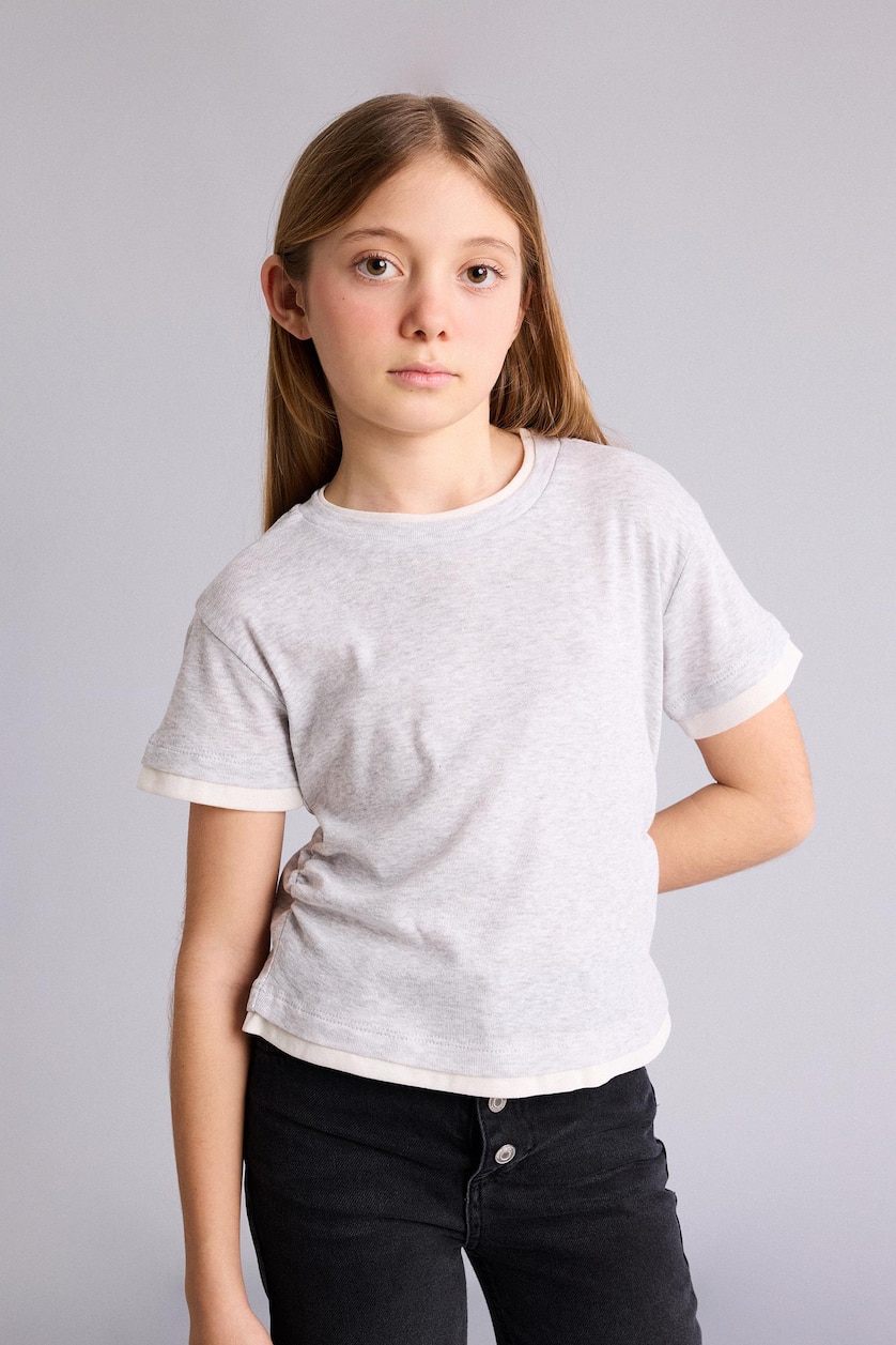 Girls & Teens Light Grey Melange Girl Slim Fit Ribbed T-Shirt