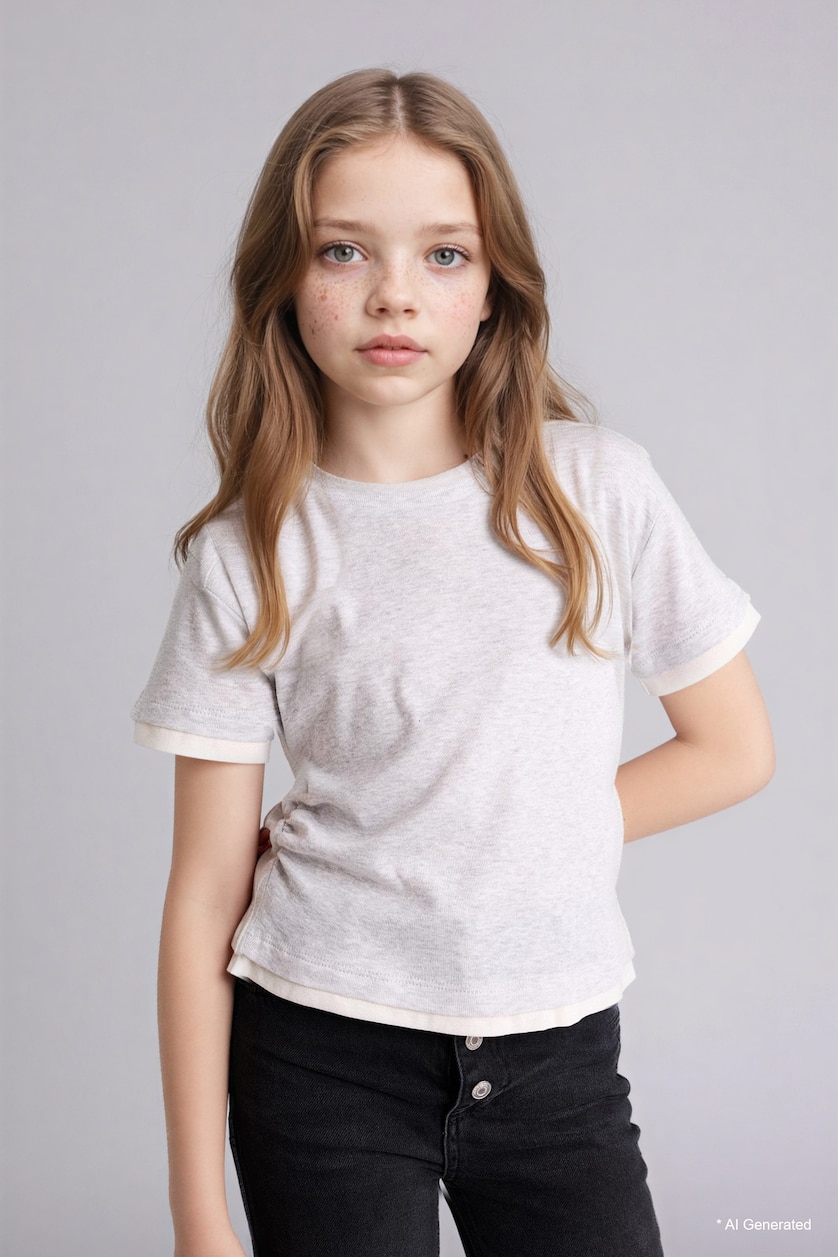 GIRLS & TEENS Light Grey Melange Girl Slim Fit Ribbed T-Shirt
