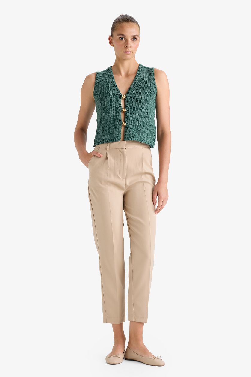 Kadın Yeşil Fitted V Yaka Düğmeli Süveter